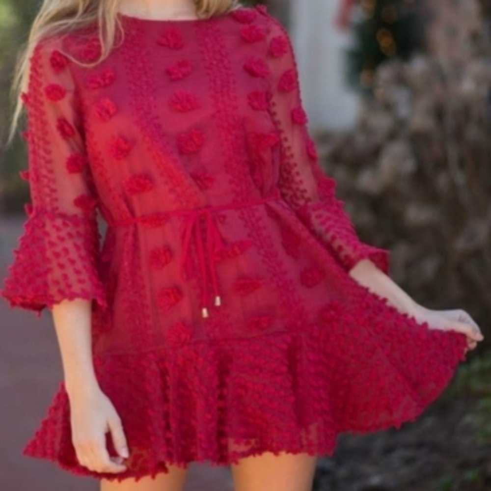 Entro red pom pom dress. Size large